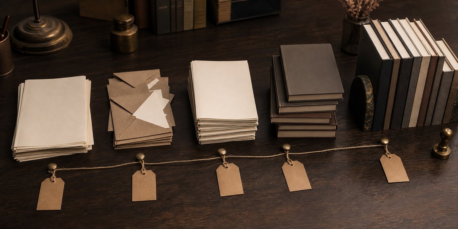 Linha do tempo editorial com manuscritos, envelopes e livros sem título organizados sobre uma mesa.