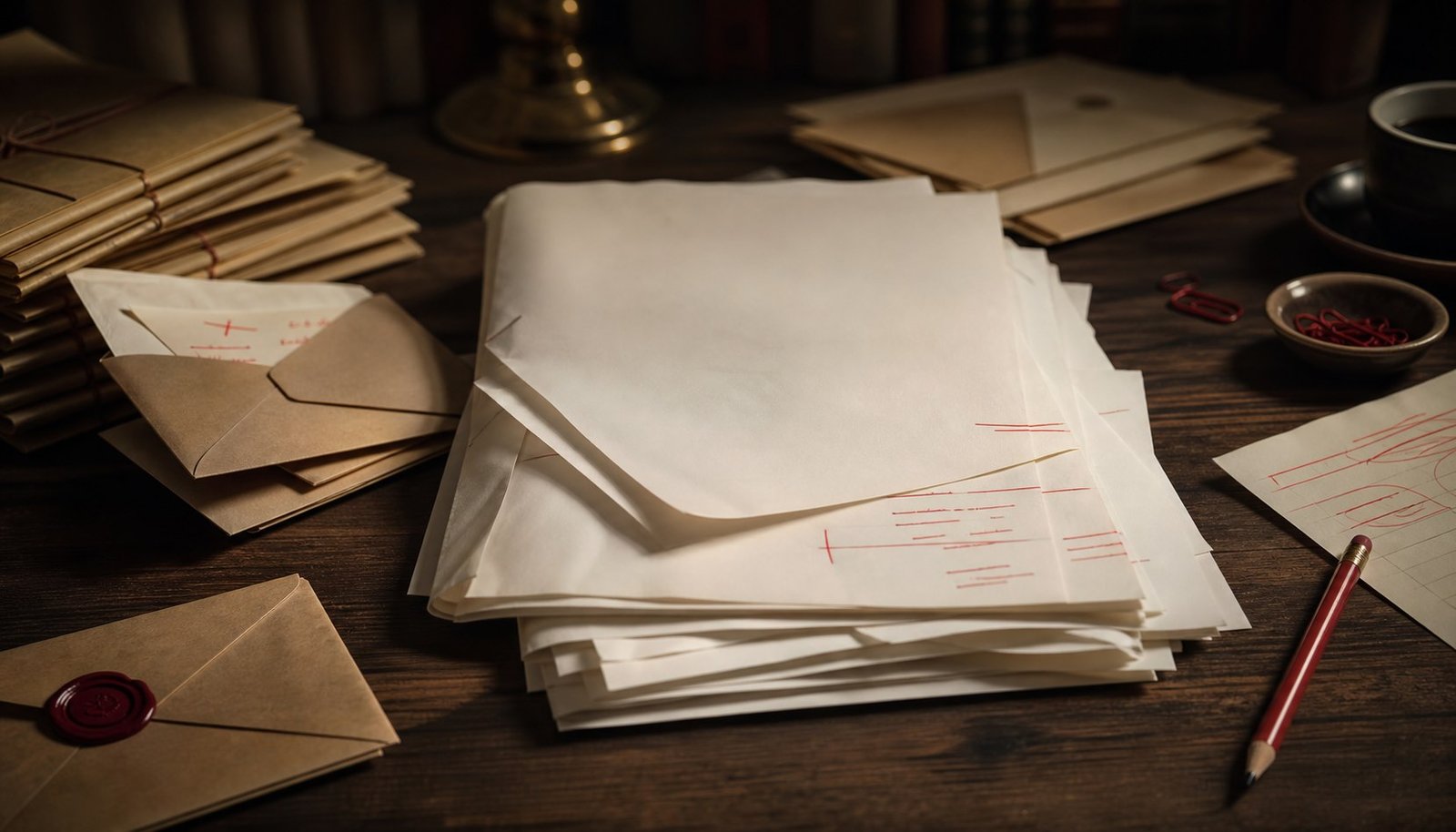 Pilha de manuscritos, envelopes e marcas de revisão sobre uma mesa, sugerindo recusas e recomeços.