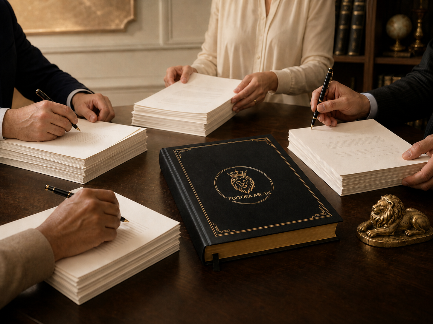Profissionais reunindo capitulos em uma mesa editorial com livro premium e detalhe de leao dourado