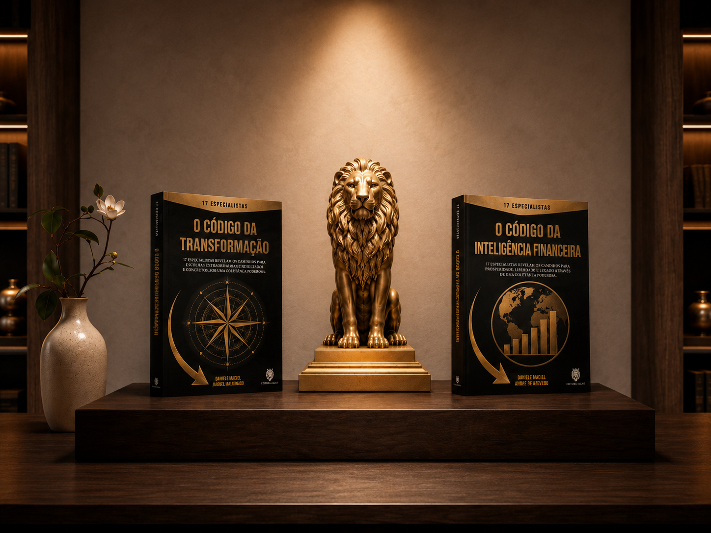 Livros O Codigo da Transformacao e O Codigo da Inteligencia Financeira em uma cena editorial com leao dourado